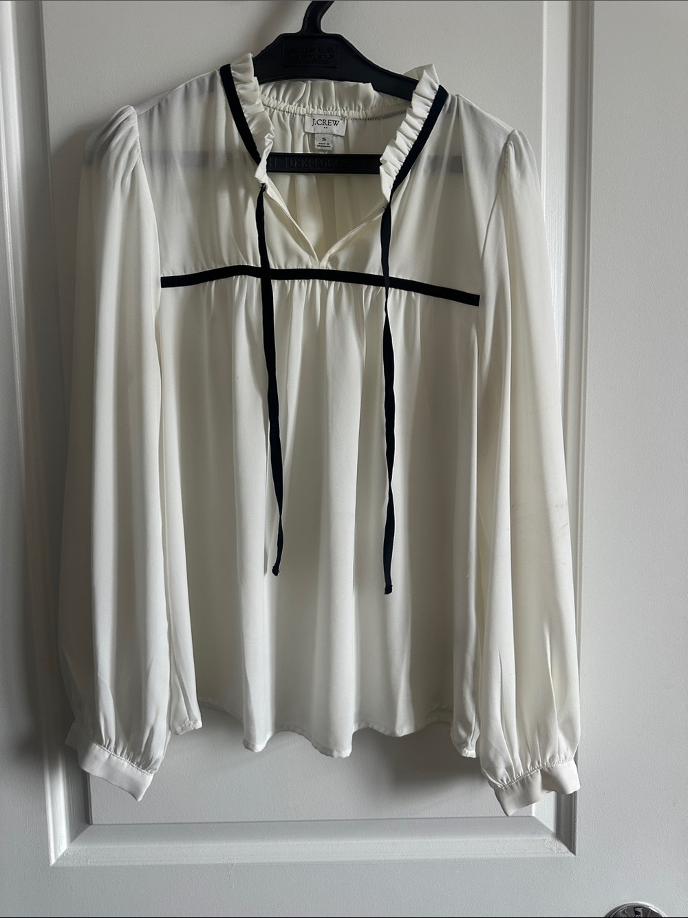 J. Crew Cream Long-Sleeve Tie-Neck Blouse with Black Trim